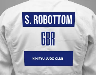 Judo GI with a backnumber showing the name Sebastian Robottom from Kin Ryu Judo Club