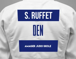 Judo GI with a backnumber showing the name Sebastian Ruffet from Amager Judo Skole