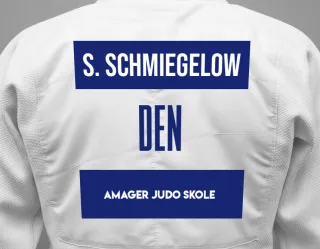 Judo GI with a backnumber showing the name Sebastian Schmiegelow from Amager Judo Skole
