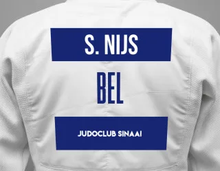 Judo GI with a backnumber showing the name Seppe Nijs from Judoclub Sinaai