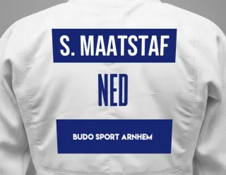 Judo GI with a backnumber showing the name Serano Maatstaf from Budo Sport Arnhem