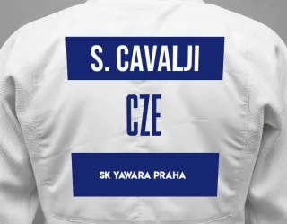 Judo GI with a backnumber showing the name Sergei Cavalji from SK Yawara Praha