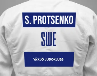 Judo GI with a backnumber showing the name Serhii Protsenko from Växjö Judoklubb