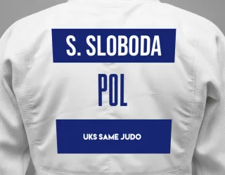 Judo GI with a backnumber showing the name Serhii Sloboda from UKS Same Judo