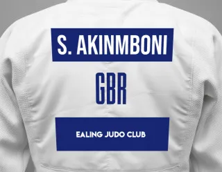 Judo GI with a backnumber showing the name Seun Akinmboni from Ealing Judo Club