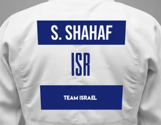 Judo GI with a backnumber showing the name Shaer Shahaf from Team Israel