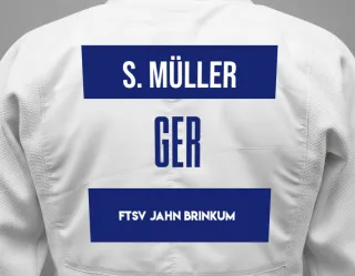 Judo GI with a backnumber showing the name Shona Müller from FTSV Jahn Brinkum