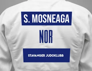 Judo GI with a backnumber showing the name Silvestru Mosneaga from Stavanger Judoklubb
