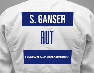 Judo GI with a backnumber showing the name Simon Ganser from Landesverband Oberösterreich