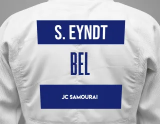 Judo GI with a backnumber showing the name Simon Op `t Eyndt from JC Samourai