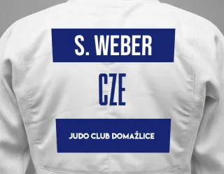 Judo GI with a backnumber showing the name Simon Weber from Judo club Domažlice