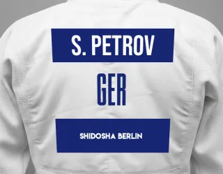 Judo GI with a backnumber showing the name Stephan Petrov from ShidoSha Berlin