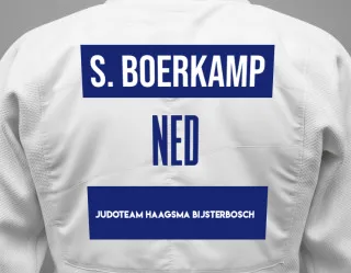 Judo GI with a backnumber showing the name Stijn Boerkamp from Judoteam Haagsma Bijsterbosch