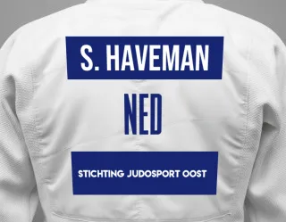 Judo GI with a backnumber showing the name Storm Haveman from Stichting Judosport Oost