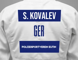 Judo GI with a backnumber showing the name Sulamita Kovalev from Polizeisportverein Eutin