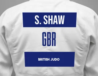 Judo GI with a backnumber showing the name Summer Shaw from British Judo