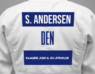 Judo GI with a backnumber showing the name Sylvester Holst Andersen from Ramløse Judo & Jiu-Jitsuklub