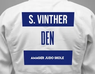 Judo GI with a backnumber showing the name Sylvester Vinther from Amager Judo Skole