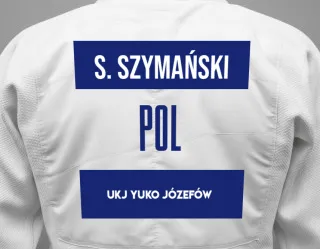 Judo GI with a backnumber showing the name Szymon Szymański from UKJ Yuko Józefów