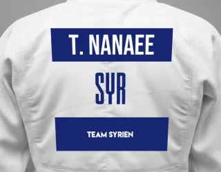 Judo GI with a backnumber showing the name Tarek Nanaee from Team Syrien