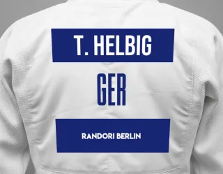 Judo GI with a backnumber showing the name Tarik Helbig from Randori Berlin