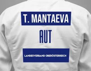 Judo GI with a backnumber showing the name Taslima Mantaeva from Landesverband Oberösterreich