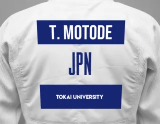Judo GI with a backnumber showing the name Tatsuki Motode from Tokai University