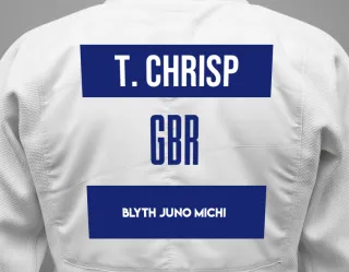 Judo GI with a backnumber showing the name Taylor Chrisp from Blyth Juno Michi