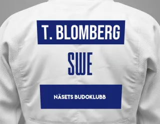 Judo GI with a backnumber showing the name Ted Blomberg from Näsets Budoklubb