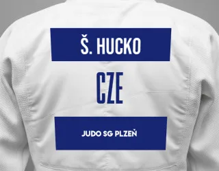 Judo GI with a backnumber showing the name štefan Hucko from Judo SG Plzeň