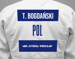 Judo GI with a backnumber showing the name Teodor Bogdański from MKS Juvenia Wrocław