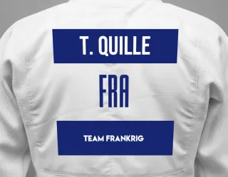 Judo GI with a backnumber showing the name Teophane Quille from Team Frankrig