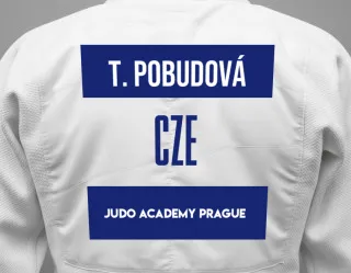 Judo GI with a backnumber showing the name Tereza Pobudová from Judo Academy Prague