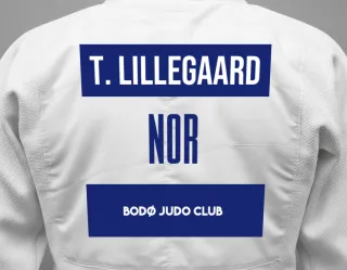 Judo GI with a backnumber showing the name Thea L Lillegaard from Bodø Judo Club