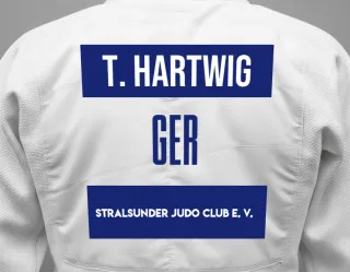 Judo GI with a backnumber showing the name Thees Hartwig from Stralsunder Judo Club e. V.