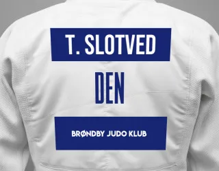 Judo GI with a backnumber showing the name Theis Sztuk Slotved from Brøndby Judo Klub