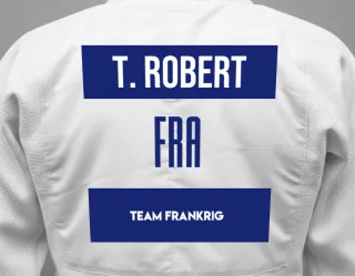 Judo GI with a backnumber showing the name Theo Grosjean Robert from Team Frankrig