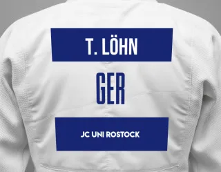Judo GI with a backnumber showing the name Theo Löhn from JC Uni Rostock