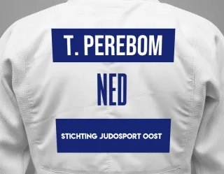 Judo GI with a backnumber showing the name Thijmen Perebom from Stichting Judosport Oost