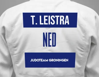 Judo GI with a backnumber showing the name Thijn Leistra from Judoteam Groningen