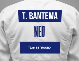 Judo GI with a backnumber showing the name Thijs Bantema from Team 53 ° Noord