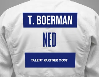 Judo GI with a backnumber showing the name Thijs Boerman from Talent Partner Oost