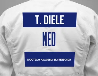Judo GI with a backnumber showing the name Thijs Diele from Judoteam Haagsma Bijsterbosch