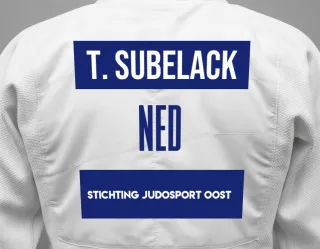 Judo GI with a backnumber showing the name Thijs Subelack from Stichting Judosport Oost