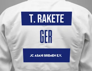 Judo GI with a backnumber showing the name Thilo Ruiz Rakete from JC Asahi Bremen e.V.
