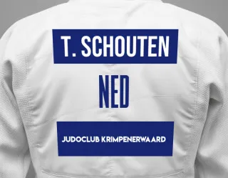 Judo GI with a backnumber showing the name Thom Schouten from JudoClub Krimpenerwaard