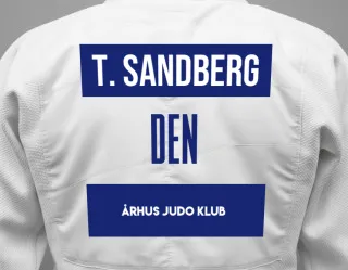 Judo GI with a backnumber showing the name Thomas Sandberg from Århus Judo Klub