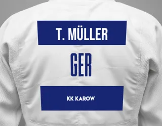 Judo GI with a backnumber showing the name Thore Müller from KK Karow