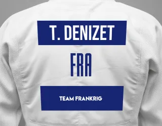 Judo GI with a backnumber showing the name Tia Denizet from Team Frankrig