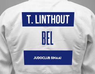 Judo GI with a backnumber showing the name Tibo Linthout from Judoclub Sinaai